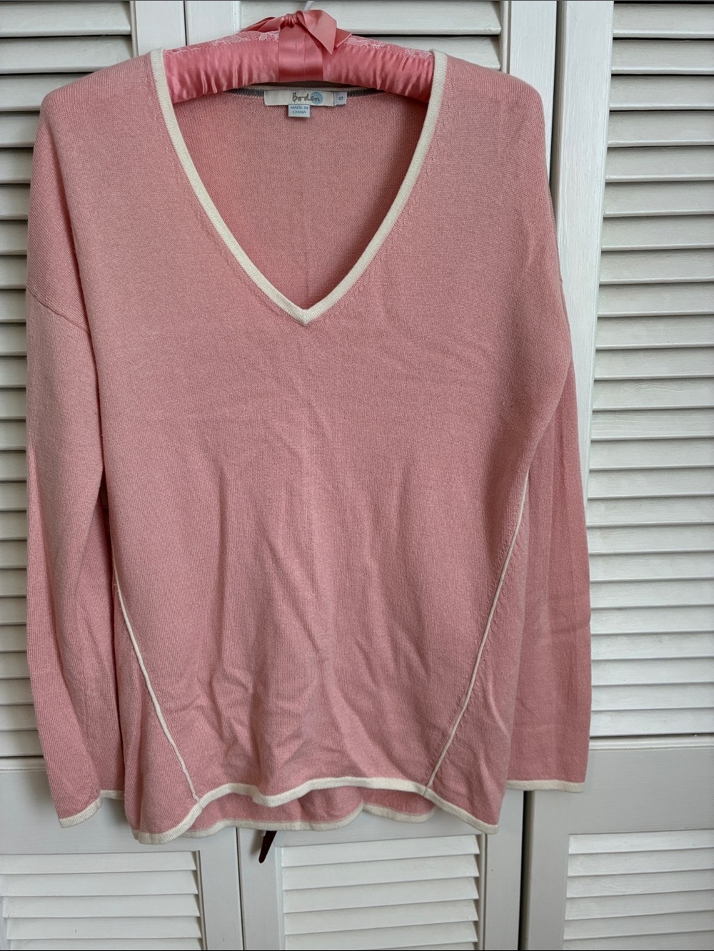 Boden Pink V-Neck Sweater with Cream Trim